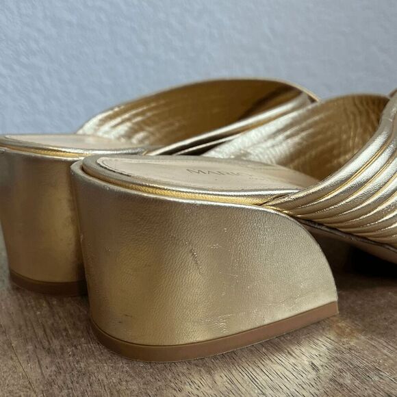 Marion Parke Soft Gold Leather Izzy Criss-Cross Block Heel Sandals Women's 37 US - Picture 12 of 13